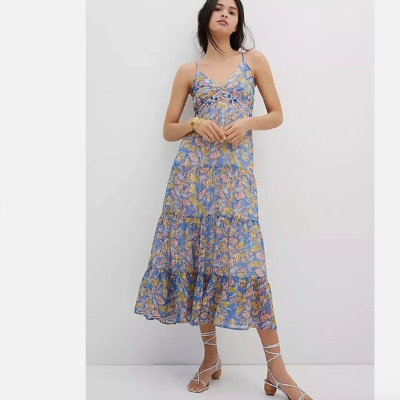 Anthropologie Verb Vineyard Tiered Maxi Dress Size 12 p blue floral v neck - Picture 2 of 9